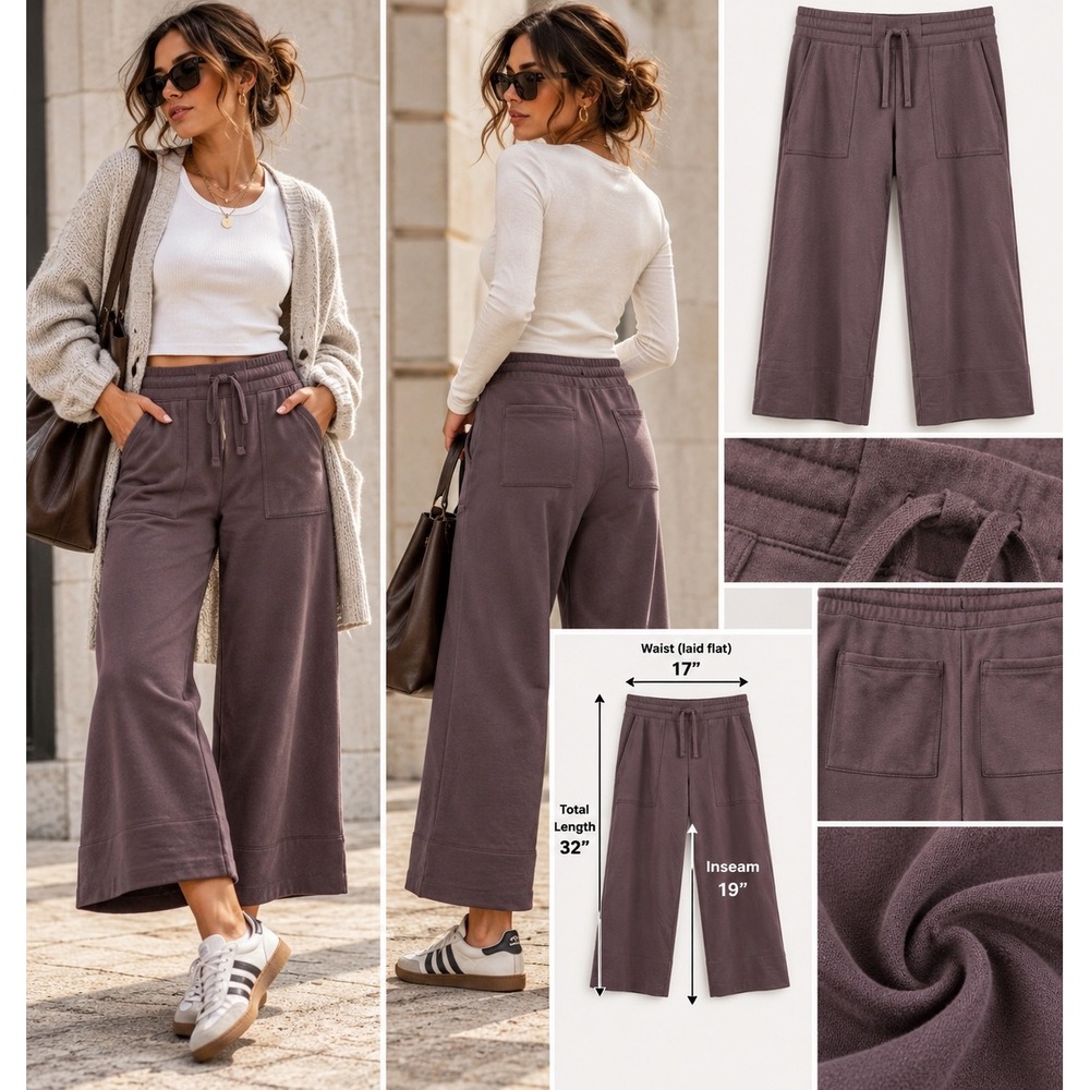 Quince SuperSoft Fleece Cropped Wide Leg Pants L Dried Fig Tencel Modal Lounge